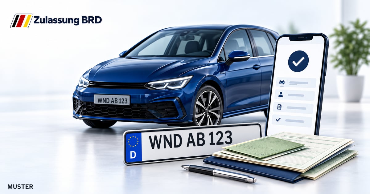 Online Fahrzeugzulassung in Marpingen: Musterkennzeichen WND AB 123, Auto und Fahrzeugpapiere und Smartphone. Illustration mit Logo von Zulassung BRD.